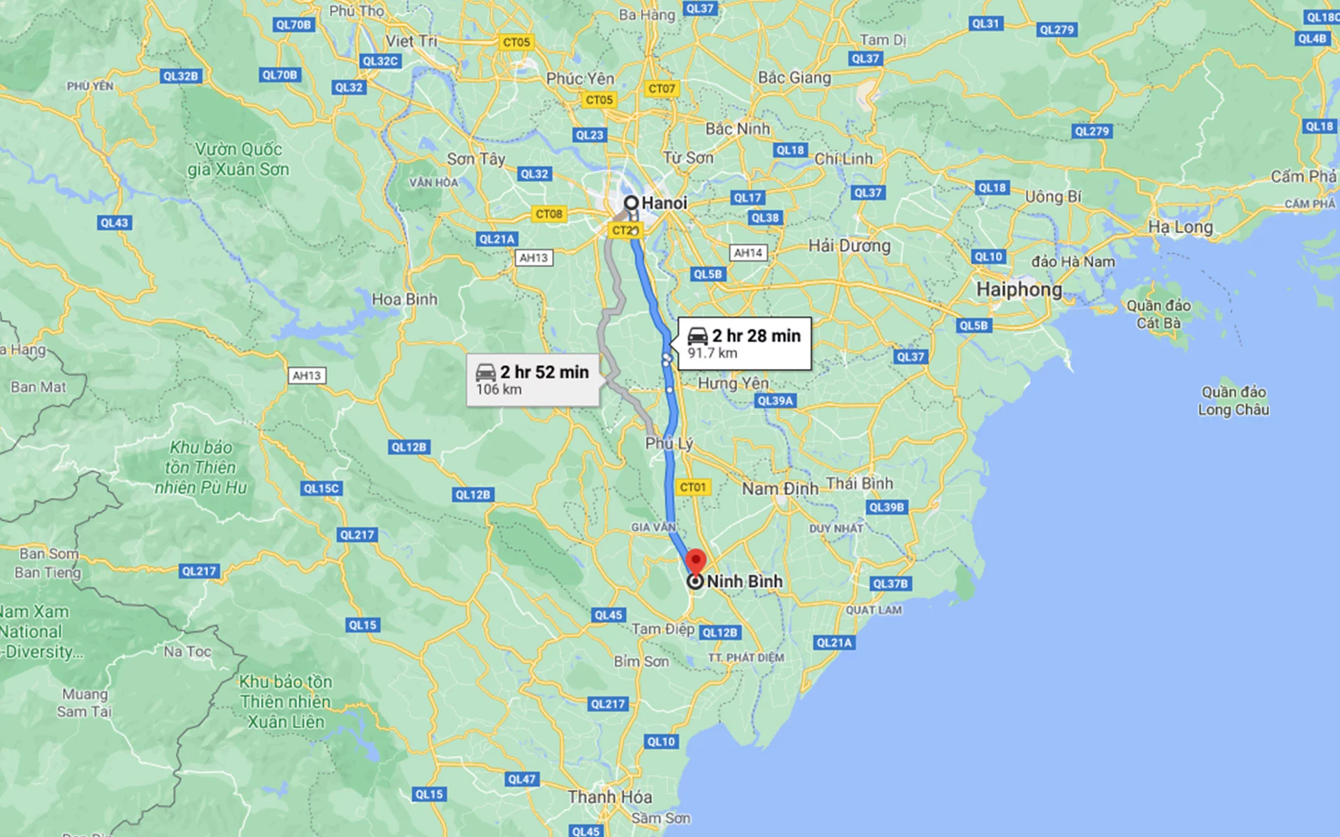 map from Hanoi to Ninh Binh