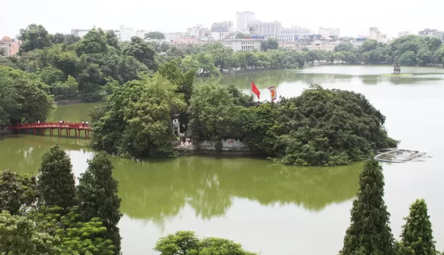 View from top roof cafe in Cau Go Street to the temple & the lake.